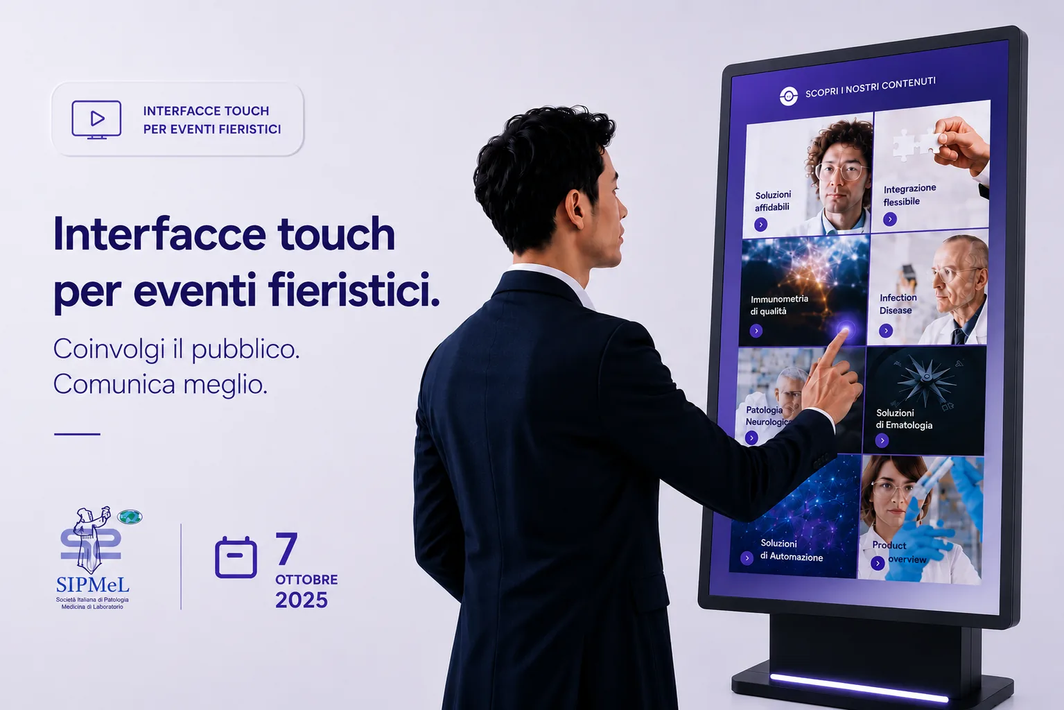 Monitor touch da stand con otto riquadri video — chimica clinica, immunometria, ematologia, automazione — realizzato per il 10° Congresso Nazionale di Riva del Garda Fierecongressi.