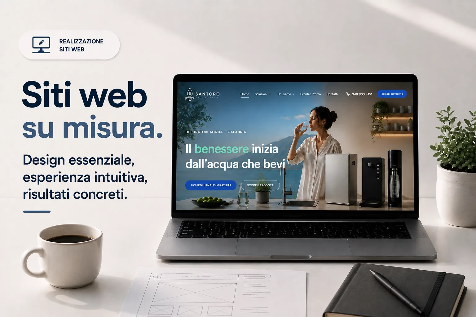 Il sito WordPress di Santoro Medical Water, azienda di depuratori d'acqua, visto su un portatile.